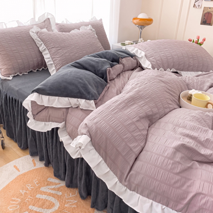 91家纺网 家纺一手货源 找家纺 绒兔兔 A版泡泡纱+B版牛奶绒韩版床裙床单四件套 淡紫