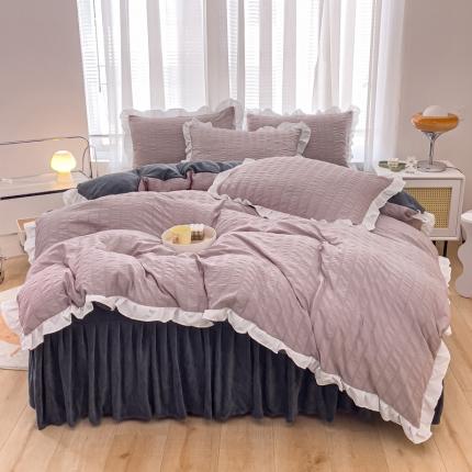 绒兔兔 A版泡泡纱+B版牛奶绒韩版床裙床单四件套 淡紫