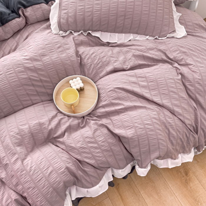 91家纺网 家纺一手货源 找家纺 绒兔兔 A版泡泡纱+B版牛奶绒韩版床裙床单四件套 淡紫