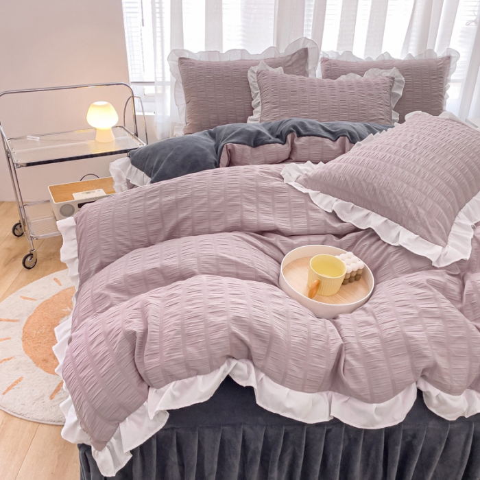 91家纺网 家纺一手货源 找家纺 绒兔兔 A版泡泡纱+B版牛奶绒韩版床裙床单四件套 淡紫