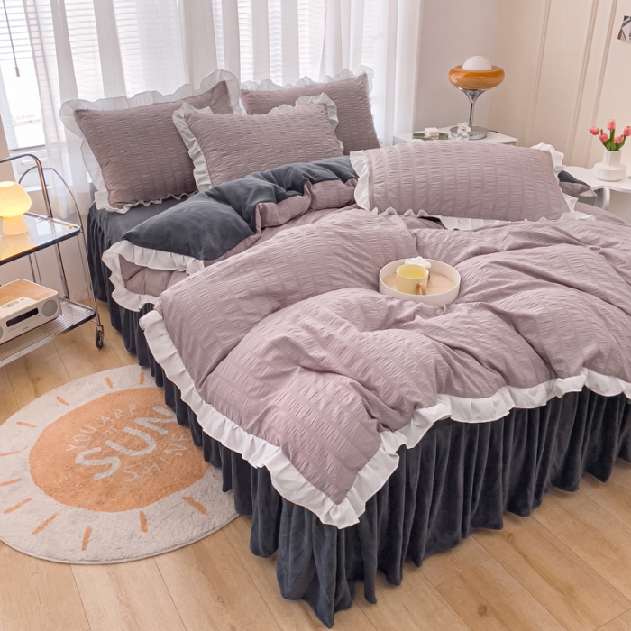 91家纺网 家纺一手货源 找家纺 绒兔兔 A版泡泡纱+B版牛奶绒韩版床裙床单四件套 淡紫