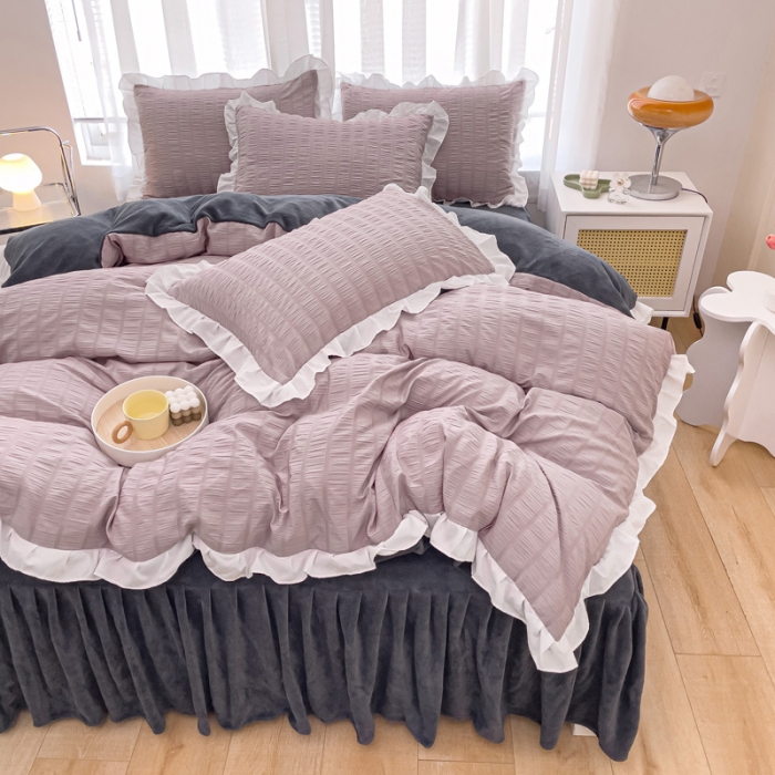 91家纺网 家纺一手货源 找家纺 绒兔兔 A版泡泡纱+B版牛奶绒韩版床裙床单四件套 淡紫