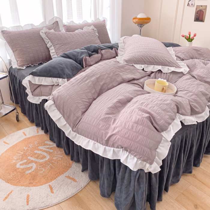 91家纺网 家纺一手货源 找家纺 绒兔兔 A版泡泡纱+B版牛奶绒韩版床裙床单四件套 淡紫