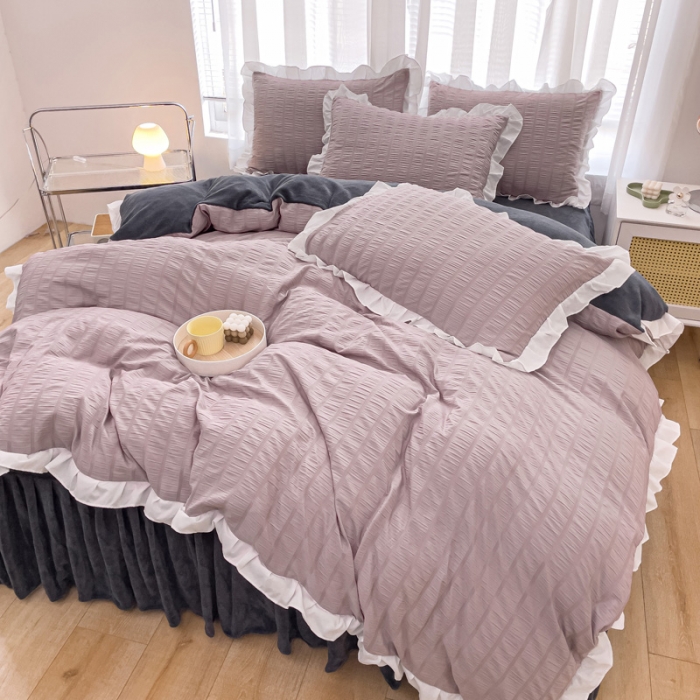 91家纺网 家纺一手货源 找家纺 绒兔兔 A版泡泡纱+B版牛奶绒韩版床裙床单四件套 淡紫