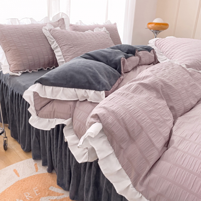 91家纺网 家纺一手货源 找家纺 绒兔兔 A版泡泡纱+B版牛奶绒韩版床裙床单四件套 淡紫