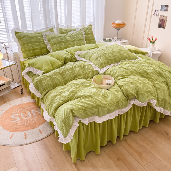 91家纺网 家纺一手货源 找家纺 绒兔兔 A版泡泡纱+B版牛奶绒韩版床裙床单四件套 抹茶绿