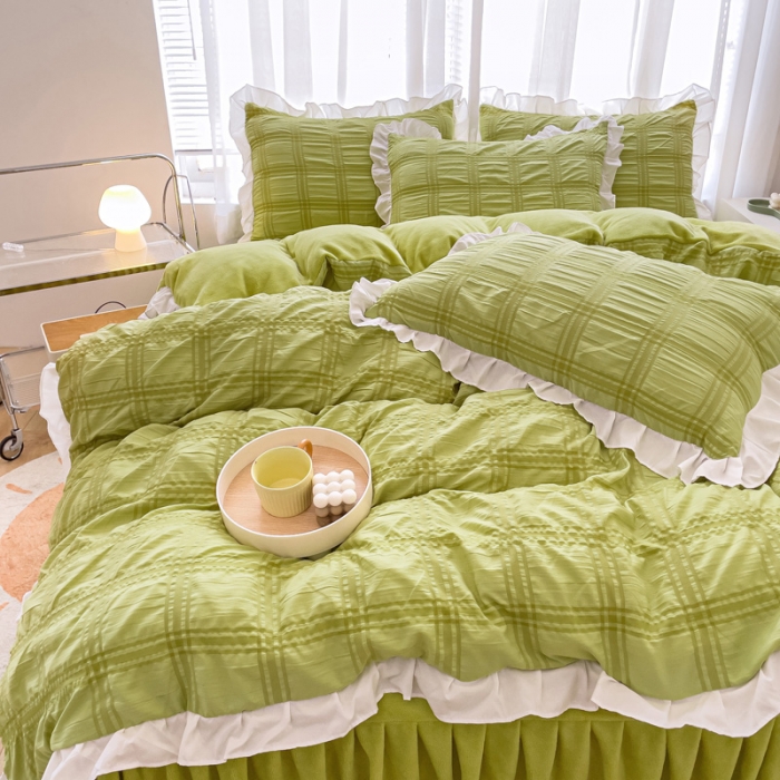 91家纺网 家纺一手货源 找家纺 绒兔兔 A版泡泡纱+B版牛奶绒韩版床裙床单四件套 抹茶绿