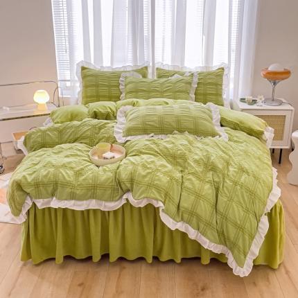 绒兔兔 A版泡泡纱+B版牛奶绒韩版床裙床单四件套 抹茶绿