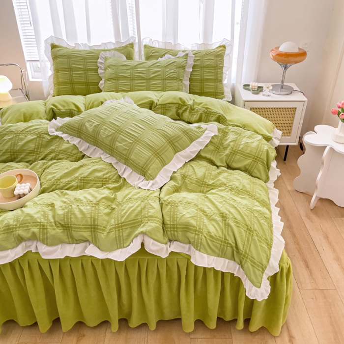 91家纺网 家纺一手货源 找家纺 绒兔兔 A版泡泡纱+B版牛奶绒韩版床裙床单四件套 抹茶绿