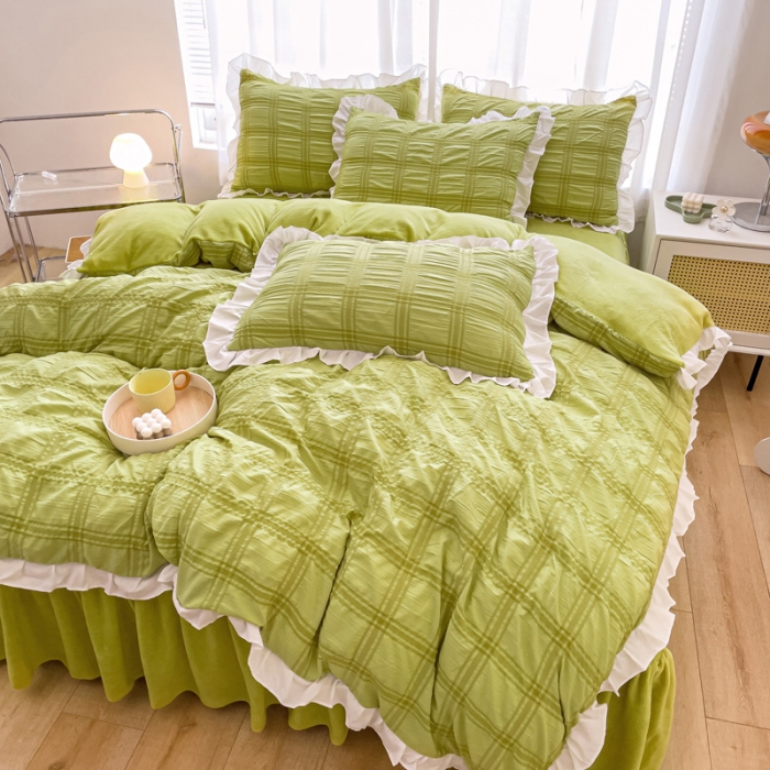 91家纺网 家纺一手货源 找家纺 绒兔兔 A版泡泡纱+B版牛奶绒韩版床裙床单四件套 抹茶绿
