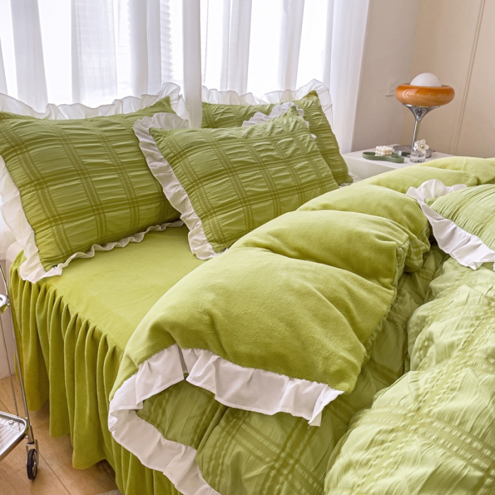 91家纺网 家纺一手货源 找家纺 绒兔兔 A版泡泡纱+B版牛奶绒韩版床裙床单四件套 抹茶绿