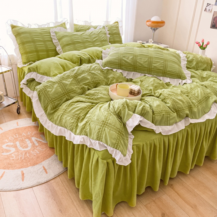 91家纺网 家纺一手货源 找家纺 绒兔兔 A版泡泡纱+B版牛奶绒韩版床裙床单四件套 抹茶绿