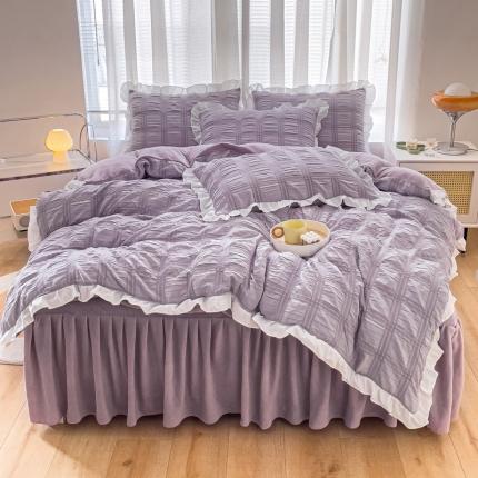 91家纺网 家纺一手货源 找家纺 绒兔兔 A版泡泡纱+B版牛奶绒韩版床裙床单四件套 葡萄紫