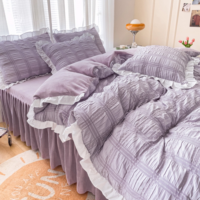 91家纺网 家纺一手货源 找家纺 绒兔兔 A版泡泡纱+B版牛奶绒韩版床裙床单四件套 葡萄紫