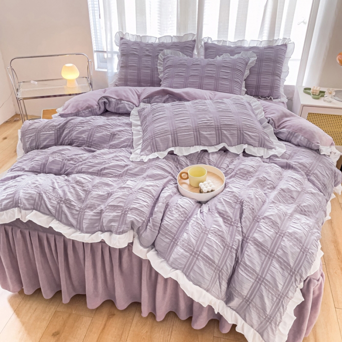 91家纺网 家纺一手货源 找家纺 绒兔兔 A版泡泡纱+B版牛奶绒韩版床裙床单四件套 葡萄紫