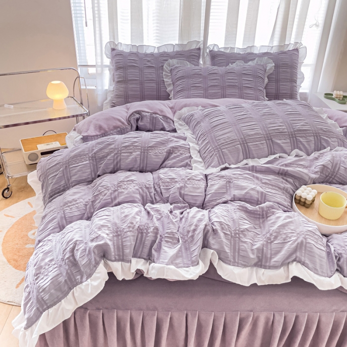 91家纺网 家纺一手货源 找家纺 绒兔兔 A版泡泡纱+B版牛奶绒韩版床裙床单四件套 葡萄紫