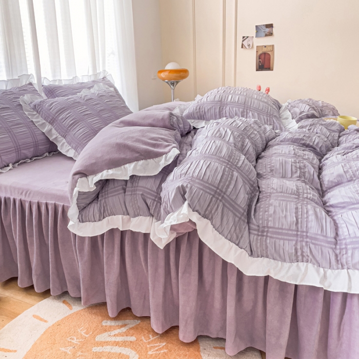 91家纺网 家纺一手货源 找家纺 绒兔兔 A版泡泡纱+B版牛奶绒韩版床裙床单四件套 葡萄紫