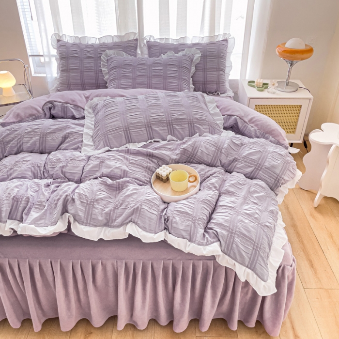 91家纺网 家纺一手货源 找家纺 绒兔兔 A版泡泡纱+B版牛奶绒韩版床裙床单四件套 葡萄紫