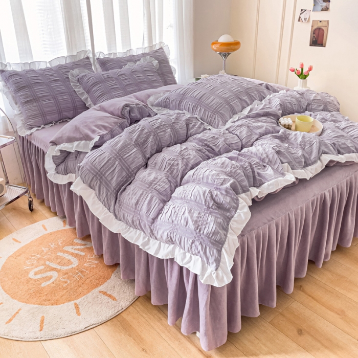 91家纺网 家纺一手货源 找家纺 绒兔兔 A版泡泡纱+B版牛奶绒韩版床裙床单四件套 葡萄紫