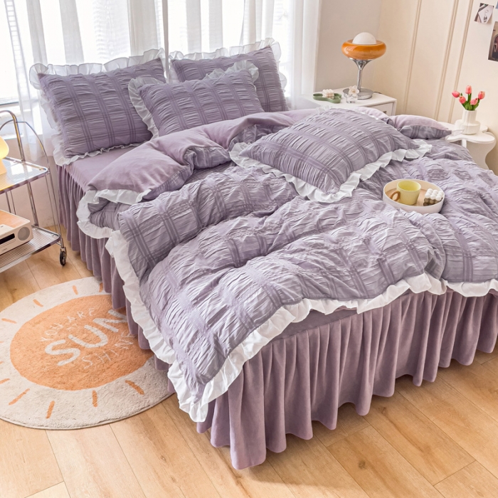 91家纺网 家纺一手货源 找家纺 绒兔兔 A版泡泡纱+B版牛奶绒韩版床裙床单四件套 葡萄紫