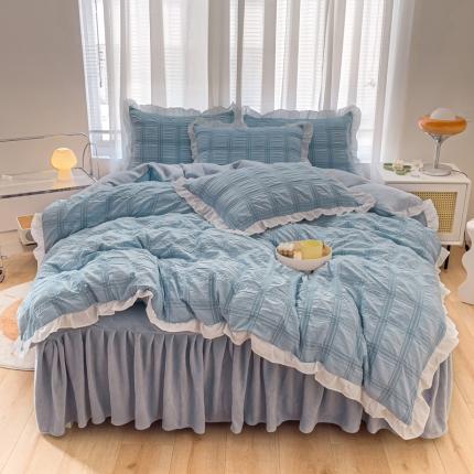 91家纺网 家纺一手货源 找家纺 绒兔兔 A版泡泡纱+B版牛奶绒韩版床裙床单四件套 清蓝