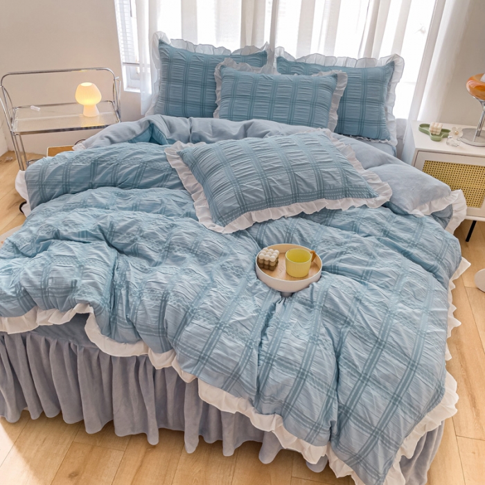 91家纺网 家纺一手货源 找家纺 绒兔兔 A版泡泡纱+B版牛奶绒韩版床裙床单四件套 清蓝