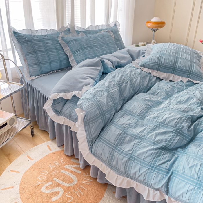 91家纺网 家纺一手货源 找家纺 绒兔兔 A版泡泡纱+B版牛奶绒韩版床裙床单四件套 清蓝