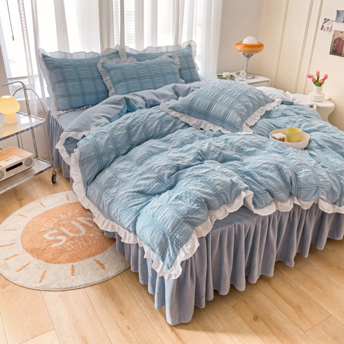 91家纺网 家纺一手货源 找家纺 绒兔兔 A版泡泡纱+B版牛奶绒韩版床裙床单四件套 清蓝