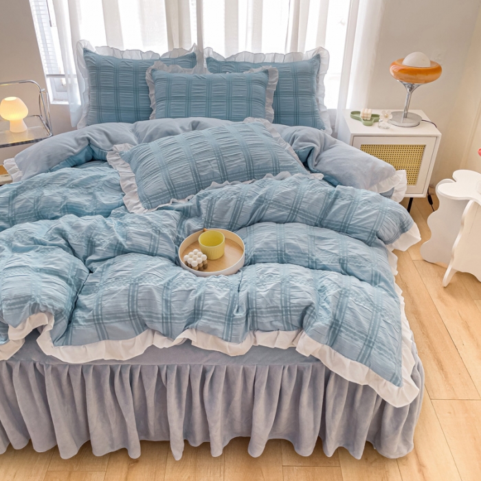 91家纺网 家纺一手货源 找家纺 绒兔兔 A版泡泡纱+B版牛奶绒韩版床裙床单四件套 清蓝