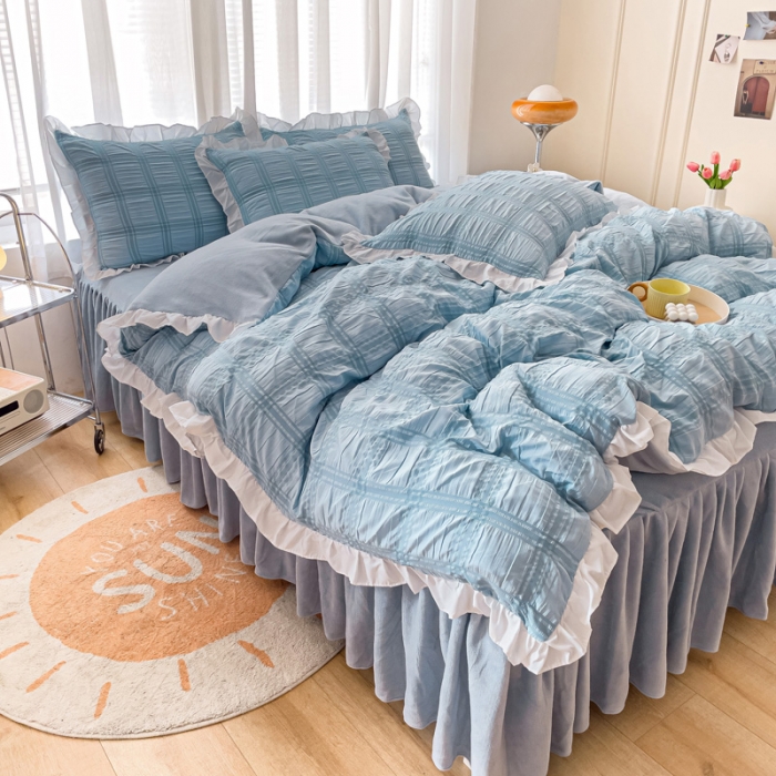 91家纺网 家纺一手货源 找家纺 绒兔兔 A版泡泡纱+B版牛奶绒韩版床裙床单四件套 清蓝