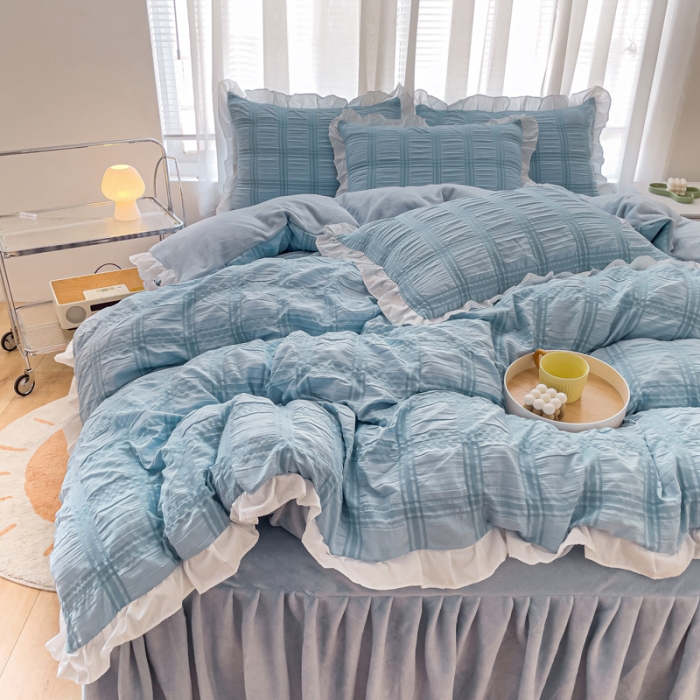 91家纺网 家纺一手货源 找家纺 绒兔兔 A版泡泡纱+B版牛奶绒韩版床裙床单四件套 清蓝