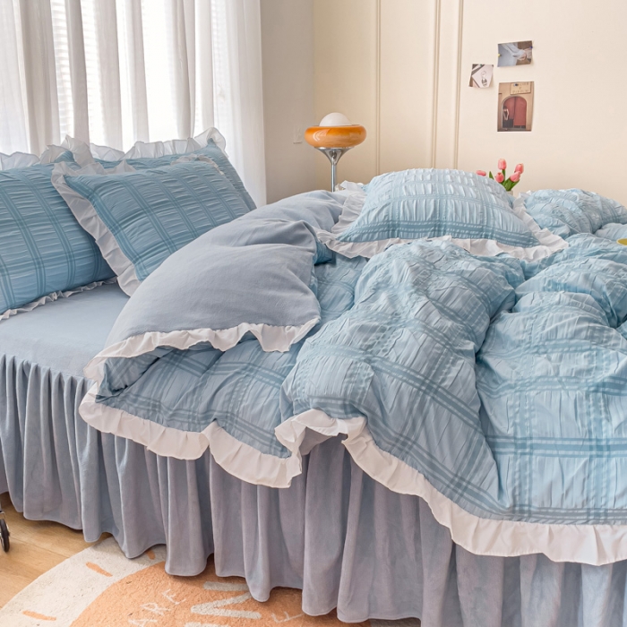 91家纺网 家纺一手货源 找家纺 绒兔兔 A版泡泡纱+B版牛奶绒韩版床裙床单四件套 清蓝