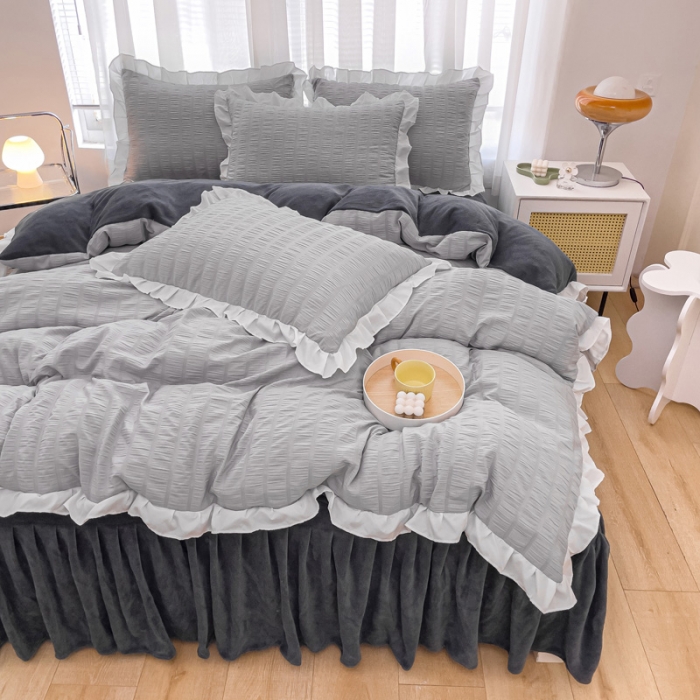 91家纺网 家纺一手货源 找家纺 绒兔兔 A版泡泡纱+B版牛奶绒韩版床裙床单四件套 雅灰