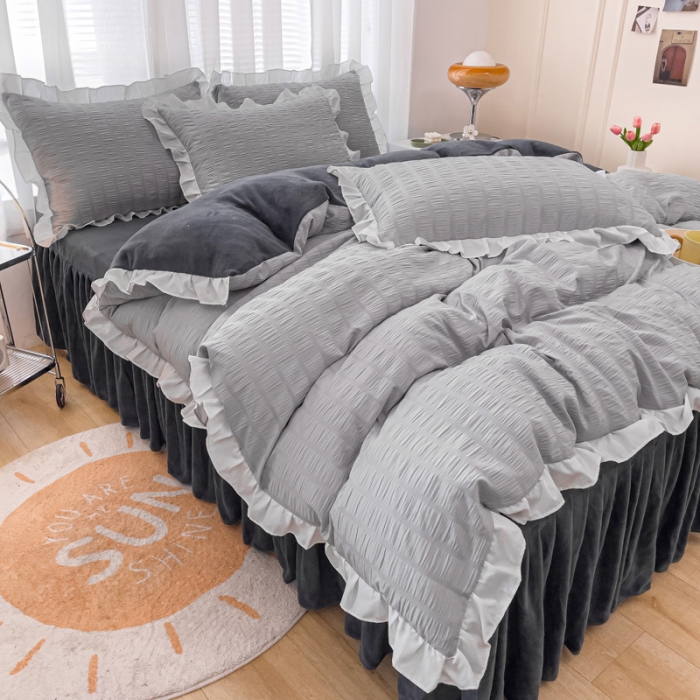 91家纺网 家纺一手货源 找家纺 绒兔兔 A版泡泡纱+B版牛奶绒韩版床裙床单四件套 雅灰