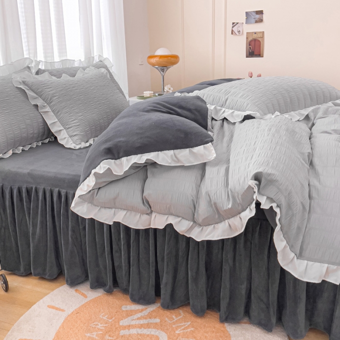 91家纺网 家纺一手货源 找家纺 绒兔兔 A版泡泡纱+B版牛奶绒韩版床裙床单四件套 雅灰