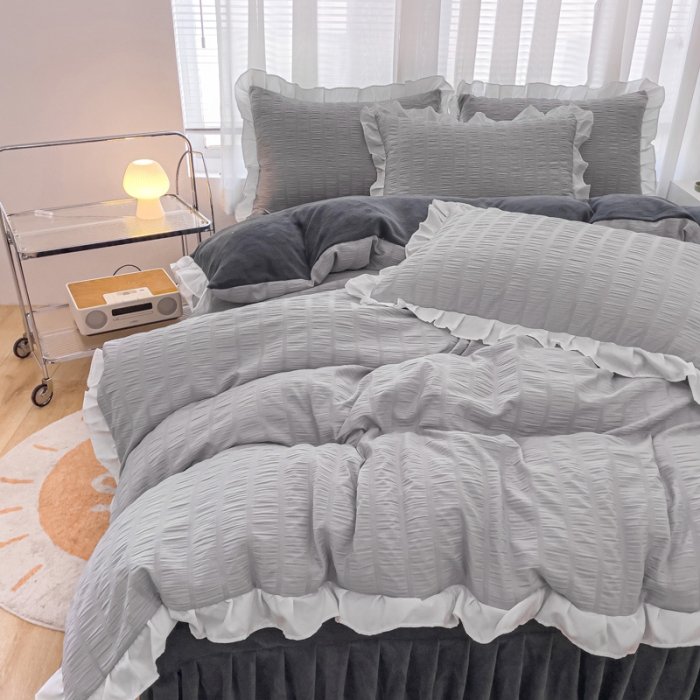 91家纺网 家纺一手货源 找家纺 绒兔兔 A版泡泡纱+B版牛奶绒韩版床裙床单四件套 雅灰