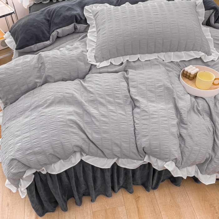 91家纺网 家纺一手货源 找家纺 绒兔兔 A版泡泡纱+B版牛奶绒韩版床裙床单四件套 雅灰