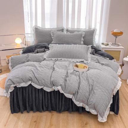 绒兔兔 A版泡泡纱+B版牛奶绒韩版床裙床单四件套 雅灰