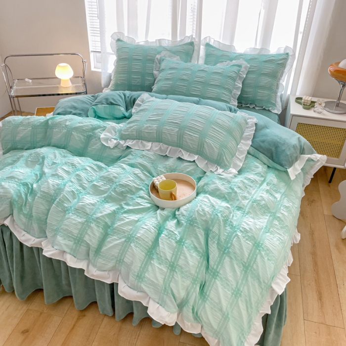 91家纺网 家纺一手货源 找家纺 绒兔兔 A版泡泡纱+B版牛奶绒韩版床裙床单四件套 水绿