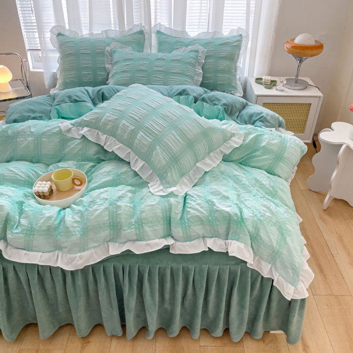 91家纺网 家纺一手货源 找家纺 绒兔兔 A版泡泡纱+B版牛奶绒韩版床裙床单四件套 水绿