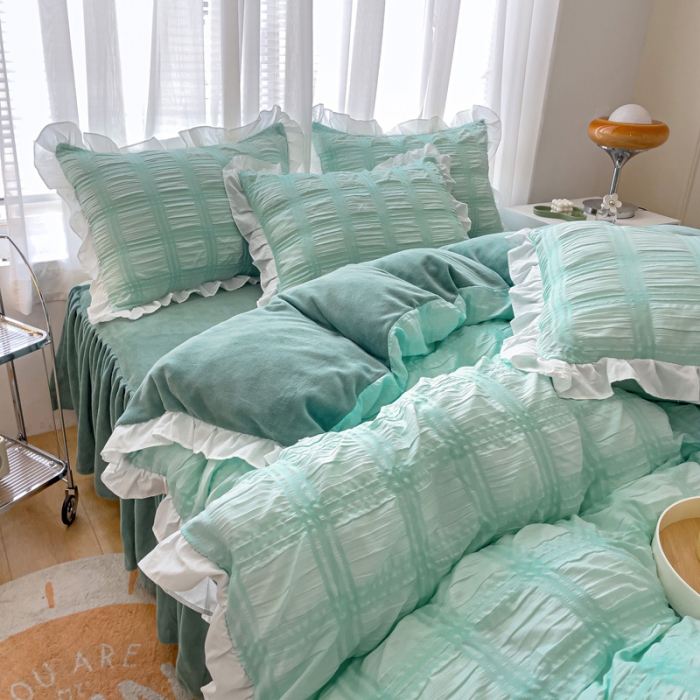 91家纺网 家纺一手货源 找家纺 绒兔兔 A版泡泡纱+B版牛奶绒韩版床裙床单四件套 水绿