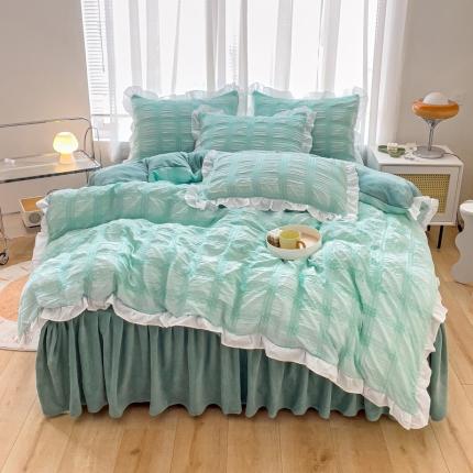 绒兔兔 A版泡泡纱+B版牛奶绒韩版床裙床单四件套 水绿