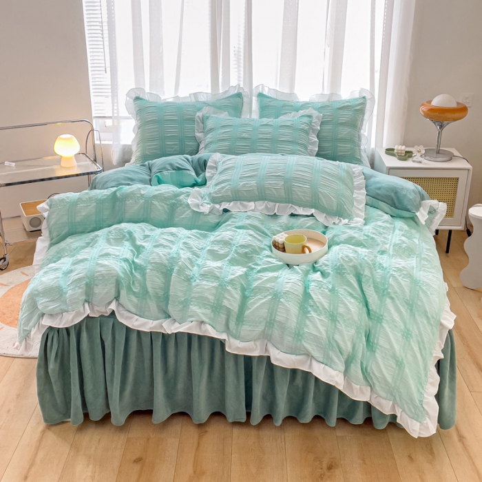 91家纺网 家纺一手货源 找家纺 绒兔兔 A版泡泡纱+B版牛奶绒韩版床裙床单四件套 水绿