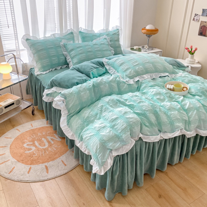 91家纺网 家纺一手货源 找家纺 绒兔兔 A版泡泡纱+B版牛奶绒韩版床裙床单四件套 水绿