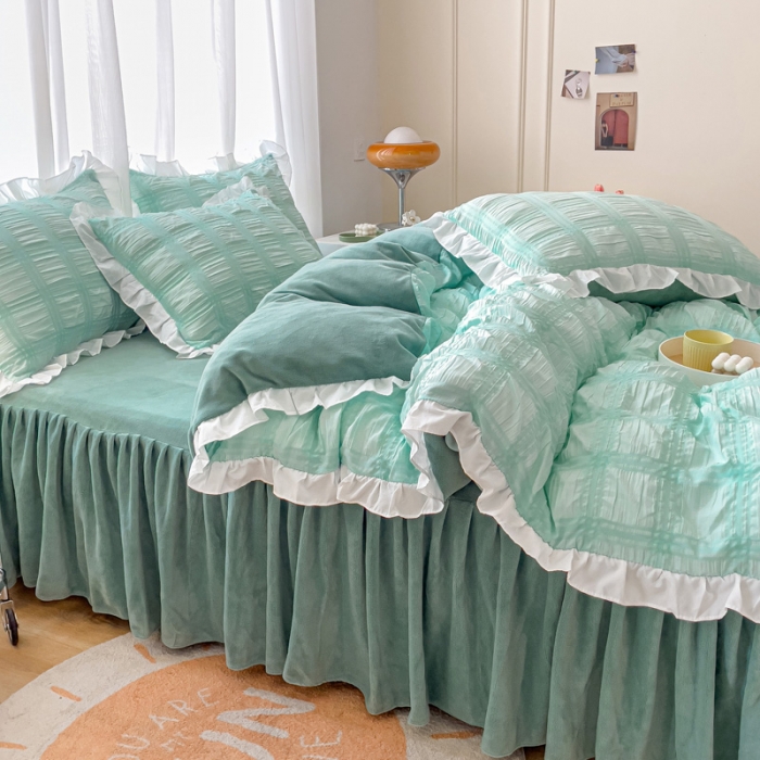 91家纺网 家纺一手货源 找家纺 绒兔兔 A版泡泡纱+B版牛奶绒韩版床裙床单四件套 水绿