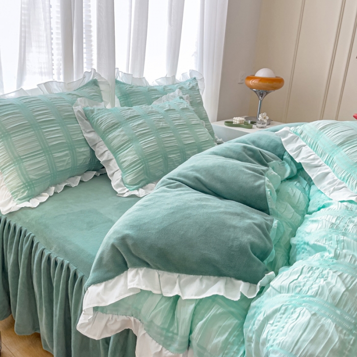 91家纺网 家纺一手货源 找家纺 绒兔兔 A版泡泡纱+B版牛奶绒韩版床裙床单四件套 水绿