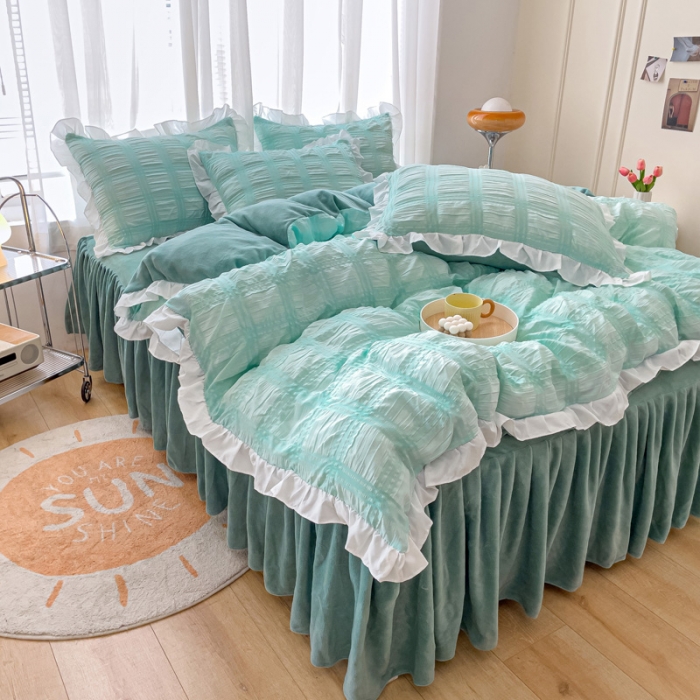 91家纺网 家纺一手货源 找家纺 绒兔兔 A版泡泡纱+B版牛奶绒韩版床裙床单四件套 水绿