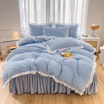 绒兔兔 A版泡泡纱+B版牛奶绒韩版床裙床单四件套 天空蓝