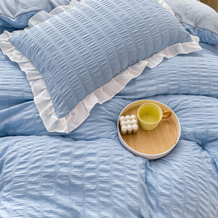 91家纺网 家纺一手货源 找家纺 绒兔兔 A版泡泡纱+B版牛奶绒韩版床裙床单四件套 天空蓝