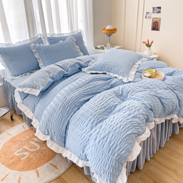 91家纺网 家纺一手货源 找家纺 绒兔兔 A版泡泡纱+B版牛奶绒韩版床裙床单四件套 天空蓝